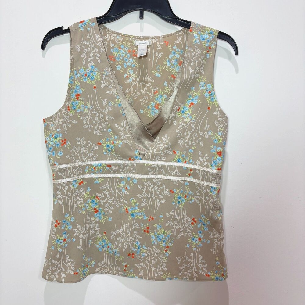 VTG Old Navy Perfect Fit Beige Floral Babydoll Tank Top Women M Fairycore Y2K 90